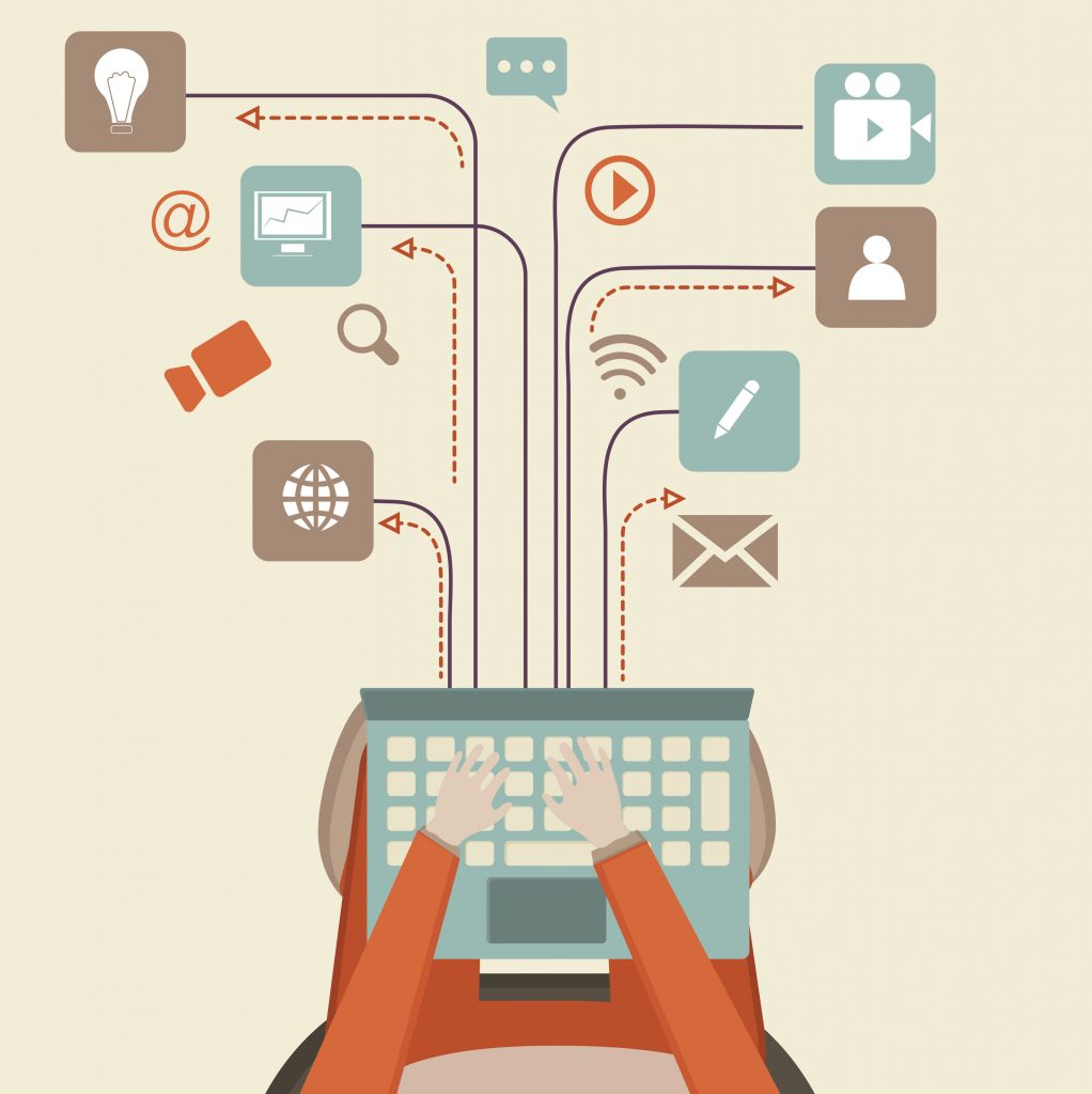 Communication and networking concept with illustration of human hand working on laptop and different social media symbols
